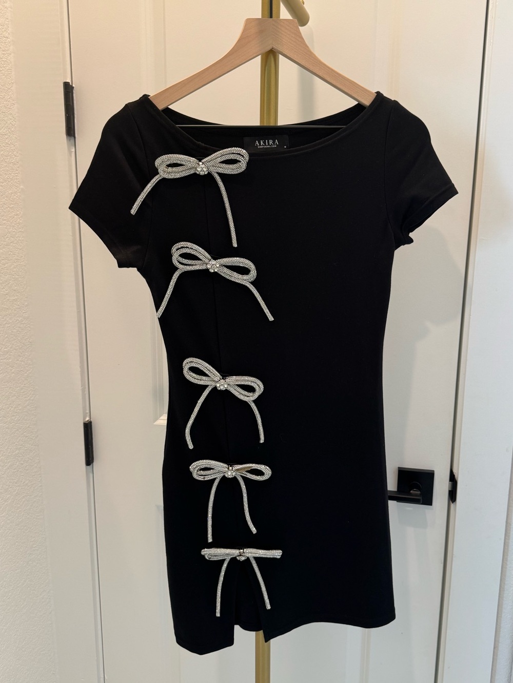 AKIRA Black Short-Sleeve Mini Dress with Silver Bow Accents
